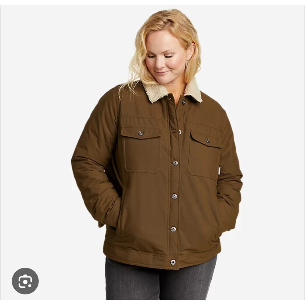 Eddie Bauer Jacket Womens Large Truckee Green Canvas Fur Collar Down Chore
